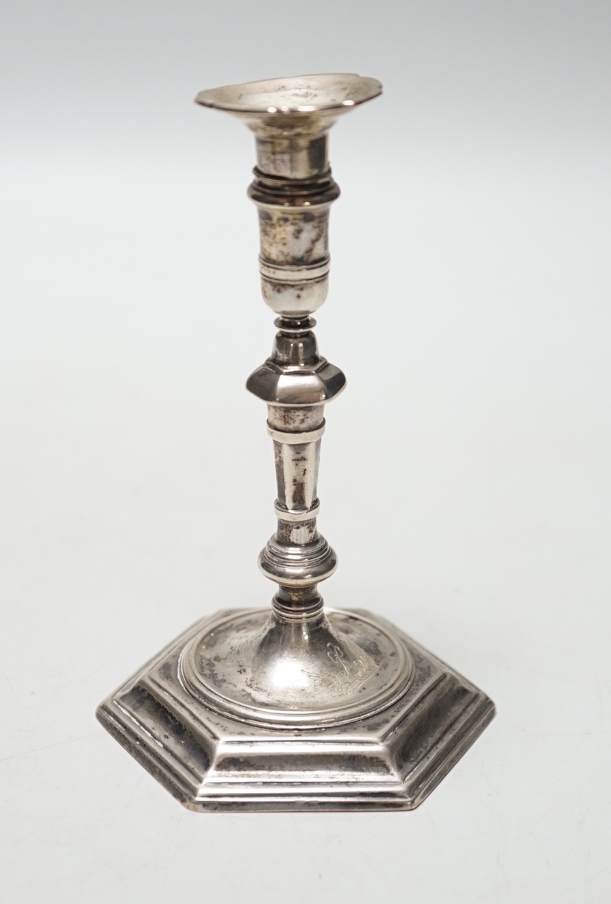 A George II cast silver taper stick, James Gould, London, 1732, 10.8cm, 3oz, with later? unmarked sconce.